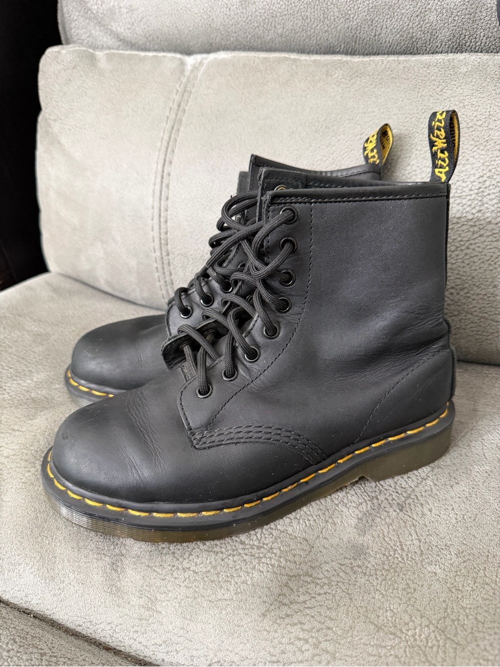 Dr. Martens Black Leather Lace-Up Boots with Yellow Accents